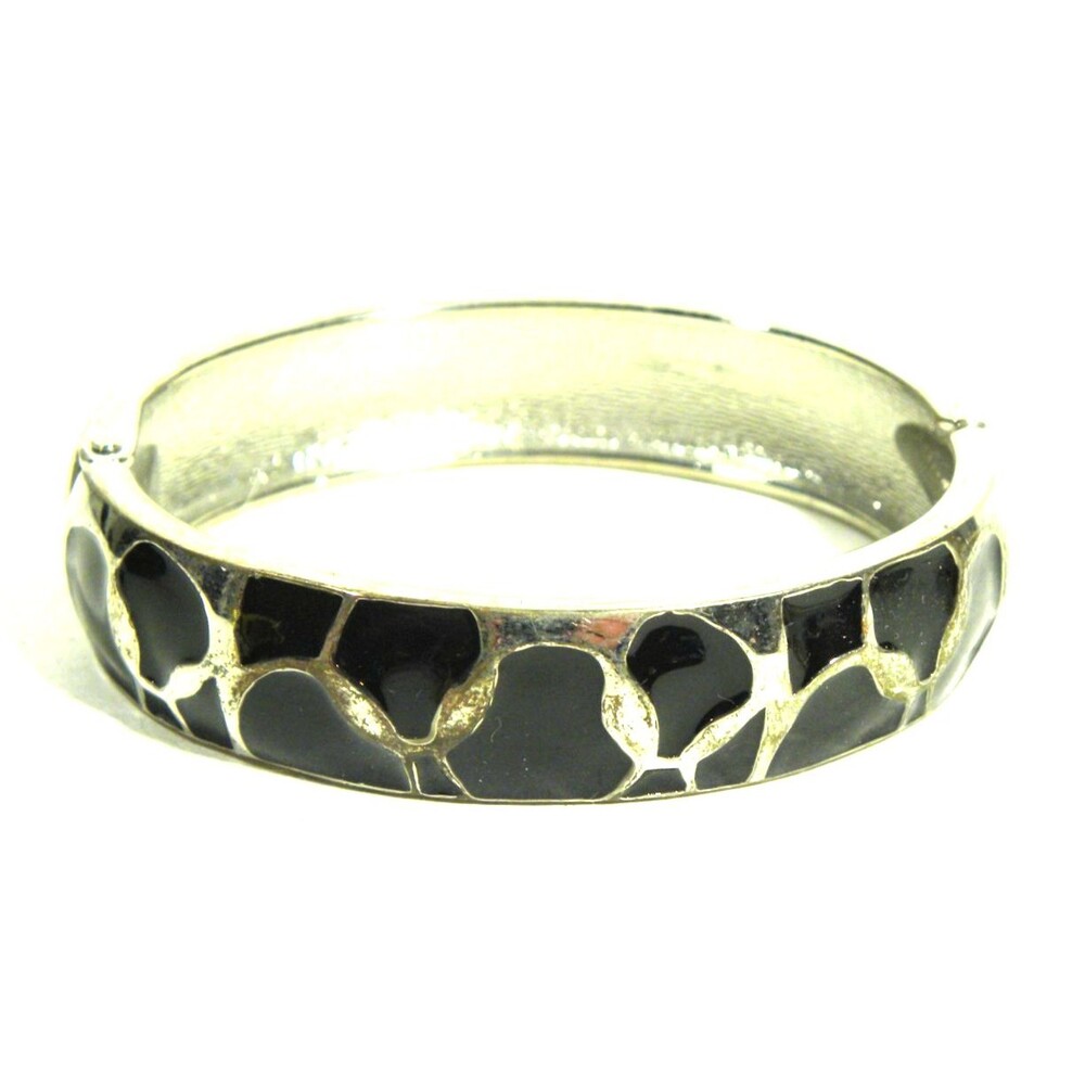 Black Enamel Bangle Bracelet Textured Silver Tone Hinged Clammper